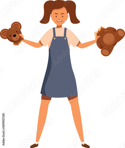 Aggressive child tearing apart her teddy bear, expressing negative emotions such as anger, frustration and destructive behavior