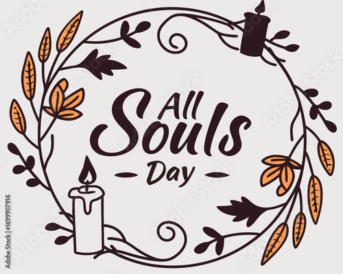 Elegant All Souls Day Illustration with Floral Wreath and Candles in a Vintage Style Design decorative
