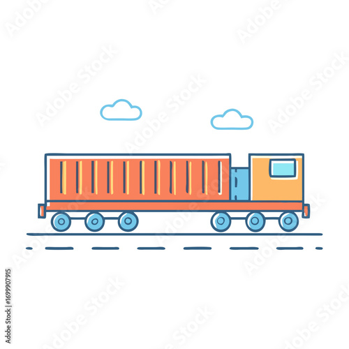 Flat vector illustration of a long articulated lorry under two clouds