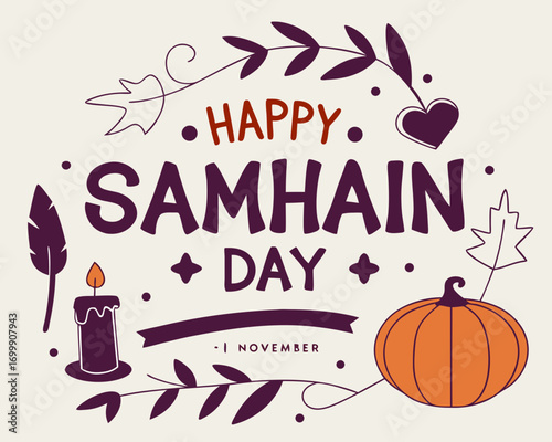 Festive Happy Samhain Day Illustration with Pumpkin Candle Leaves Heart and the Date 1 November on a Cream Background