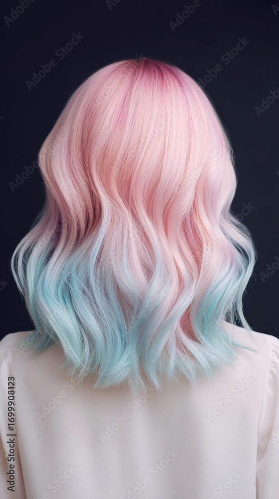 Naklejka premium Wavy pastel pink and blue ombre hairstyle from back view