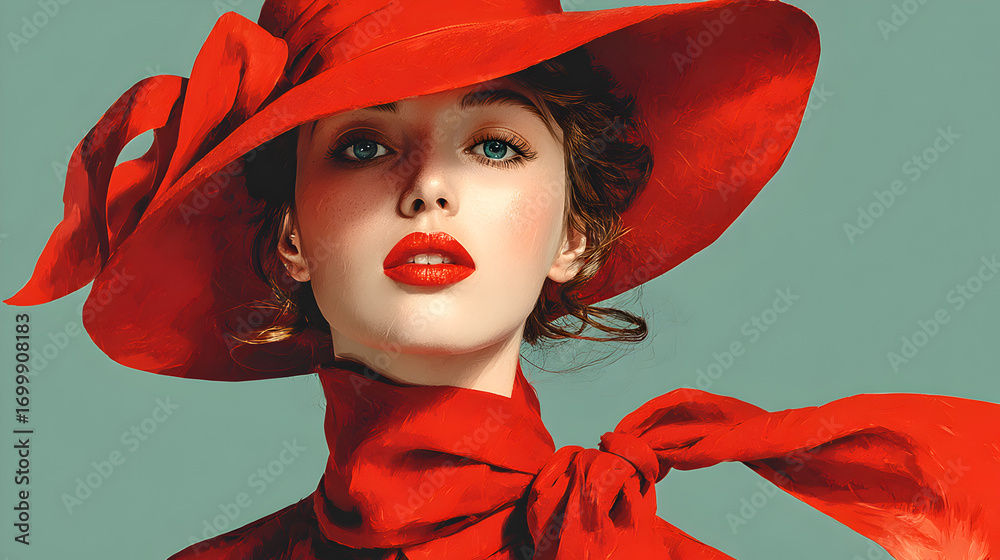 Obraz premium Attractive fashionable girl in bold red hat posing gracefully, Melbourne Cup horse racing fashion theme, retro chic vintage artwork blended with stylish modern digital art aesthetics.