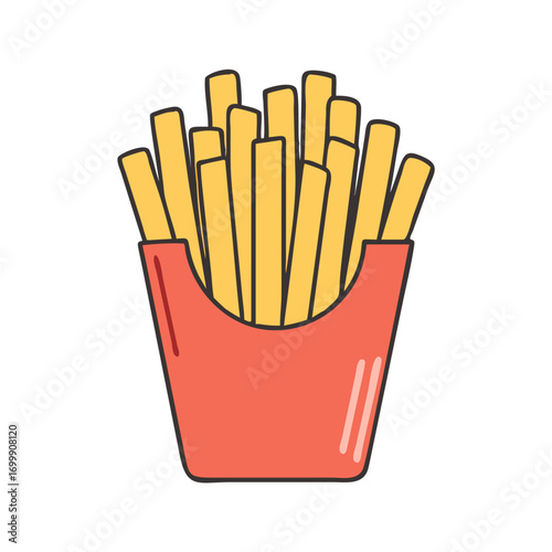 Simple illustration of a red carton overflowing with delicious golden French fries