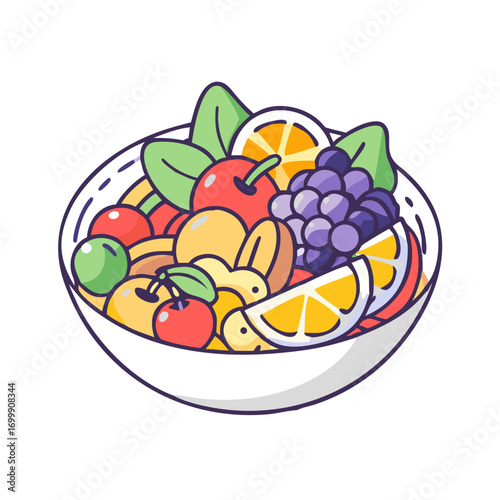 Cartoon Fruit Salad in a White Bowl with Mixed Fruits Inside