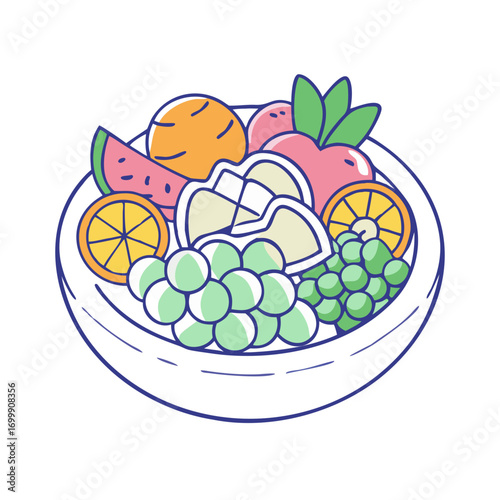 Bowl of fresh fruits, healthy food, vegan diet, and colorful ingredients