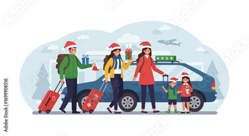 A dynamic Flat Design vector illustration showing a family traveling for their Christmas holidays, with luggage and a sense of journey
