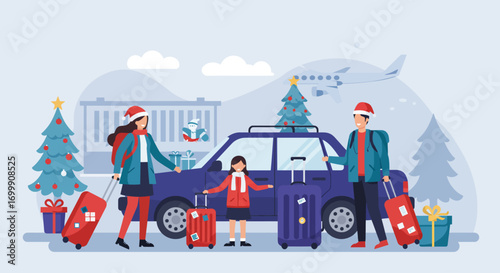 A dynamic Flat Design vector illustration showing a family traveling for their Christmas holidays, with luggage and a sense of journey