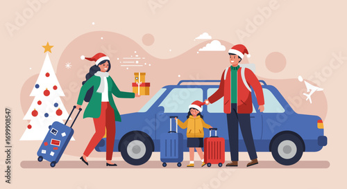 A dynamic Flat Design vector illustration showing a family traveling for their Christmas holidays, with luggage and a sense of journey