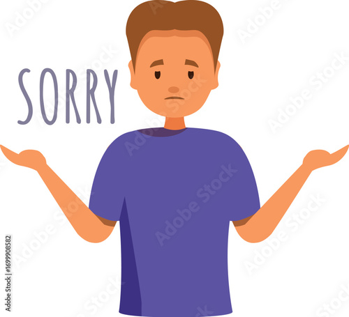 Sad man showing sorry sign with open palms, apologizing and regretting mistakes, expressing regret and remorse
