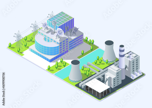Cartoon Color Power Grid Control Center and Thermal Power Plant Industrial Energy Building Concept 3d Isometric View. Vector illustration