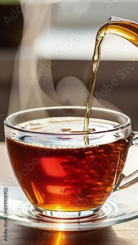 Hot tea being poured into a glass cup with steam rising, set against a blurred background