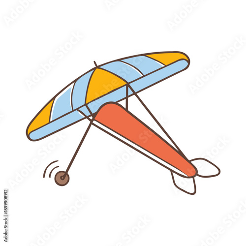 Cartoon hang glider with blue and yellow sail and orange frame flying