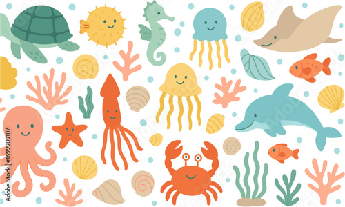 Cute Underwater Sea Animals Vector Set Kawaii Marine Life Icons, Coral, Shells, Seaweed Flat Minimal Illustration, easily editable and scalable.