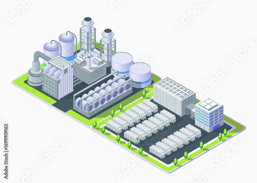 Cartoon Color Powerwall and Petrochemical Plant Industrial Energy Building Concept 3d Isometric View. Vector illustration of Power Wall