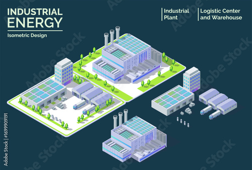Cartoon Power Plant, Logistic Center and Warehouse with Separate Set Industrial Energy Building Concept 3d Isometric. Vector illustration