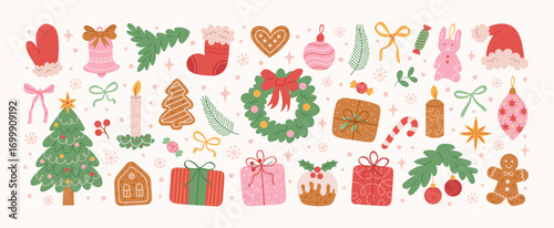 Set of Christmas hand drawn elements.  Cute holiday Xmas graphic icons. Wreath, Xmas tree, bow, gift, candle, holly, funny tree toys, candy, red socks.  Perfect for greeting card. Vector illustration.