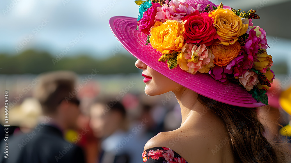Obraz premium Retro modern horse racing fashion woman in fancy dress and colorful floral hat, elegant spring carnival style with race track and horses in background, Melbourne Cup cultural event artwork