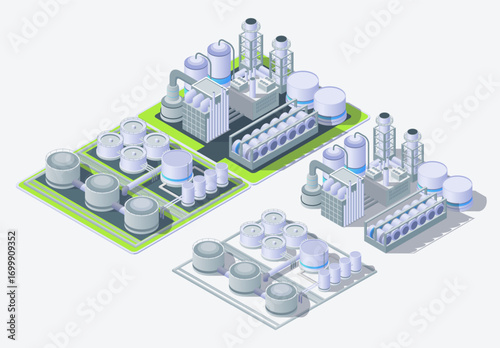 Cartoon Petrochemical Plant and Tank Farm with Separate Set Industrial Energy Building Concept 3d Isometric. Vector illustration