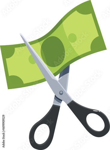 Scissors cutting a banknote illustrating cost reduction, budget saving, and expense management