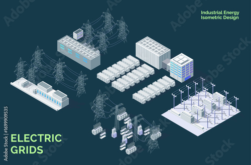 Cartoon Color Electric Grids Object Set Industrial Energy Building Concept 3d Isometric View. Vector illustration of Substation Elements and Powerwall