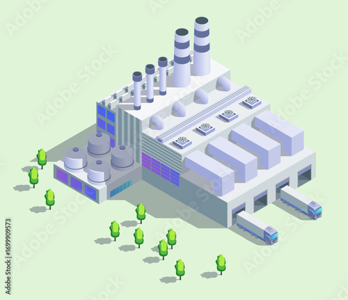 Cartoon Color Garbage Power Plant with Green Trees Isolated Industrial Energy Building Concept 3d Isometric View. Vector illustration