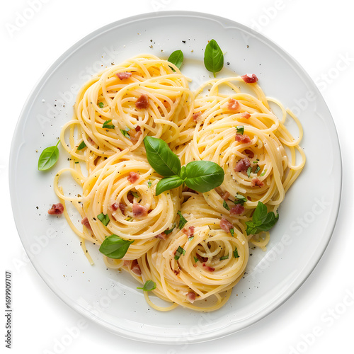 Creamy Carbonara Spaghetti Nest with Bacon and Fresh Basil