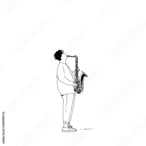 Saxophone player jazz musician musical instrument black and white art line drawing simple minimalist illustration