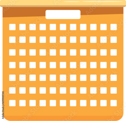 Empty orange plastic laundry basket with wooden lid and blank label, ideal for storing clothes and other household items