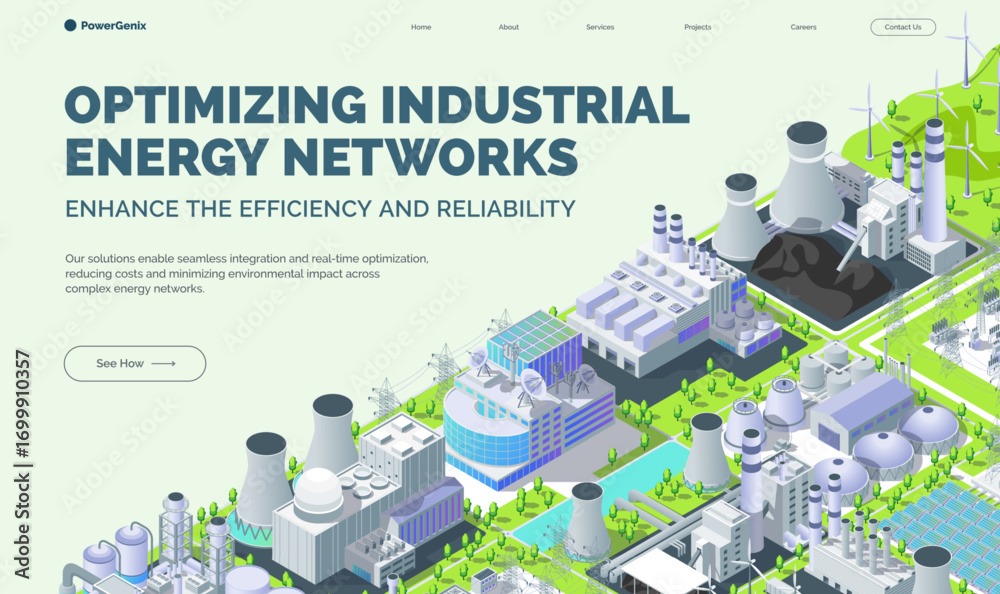 Fototapeta premium Cartoon Color Optimizing Industrial Energy Networks Enhance Efficiency and Reliability Concept Banner 3d Isometric View. Vector illustration