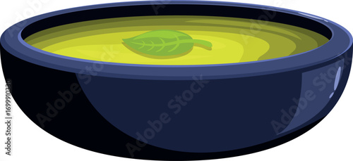 Creamy broccoli soup served in a bowl, garnished with a fresh basil leaf