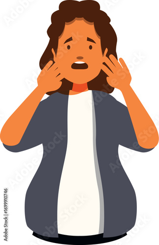 Studio portrait of a shocked young woman holding her face, expressing fear and surprise