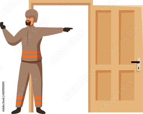 Firefighter pointing to open door, guiding people to safety during fire drill, emphasizing importance of emergency preparedness