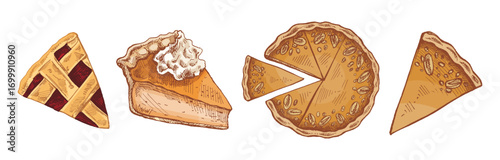 Hand drawn vintage sketch of assorted pies and slices with lattice crust, whipped cream and pumpkin filling illustration