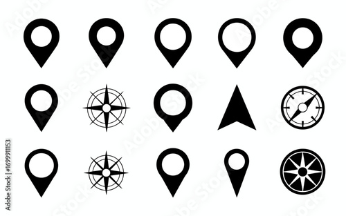 Vector art of location and navigation icons set for map design