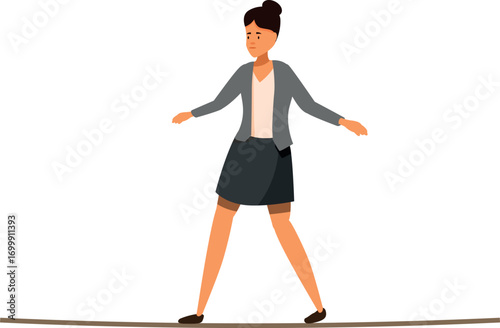 Businesswoman carefully balancing while walking a tightrope, trying to avoid falling and showing her resilience