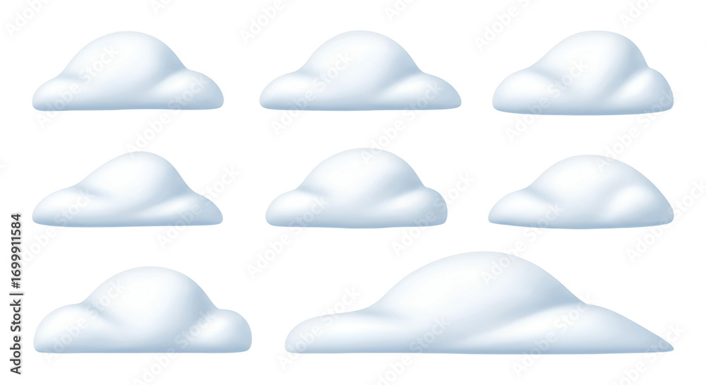 Fototapeta premium A collection of fluffy, stylized white clouds rendered in a soft, cartoonish style against a clean white background, showcasing various shapes and sizes.
