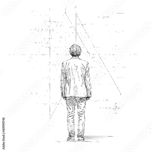 Sketch of a person in a suit standing with their back to the viewer against a backdrop of equations