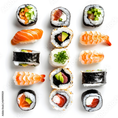 Assorted Sushi Rolls and Nigiri on White Background