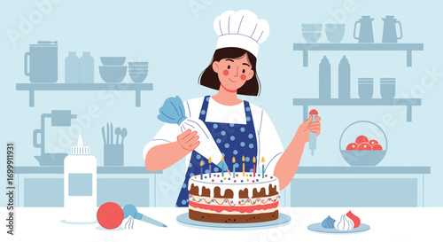Young baker decorates a delicious birthday cake with candles and frosting for a celebration