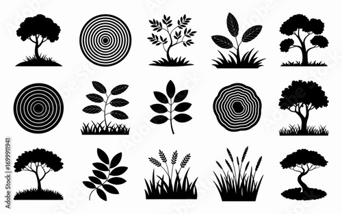 Vector art of set of black tree and plant shapes for design