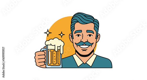 Happy man holding a frothy beer mug with a stylish mustache and a sunny background