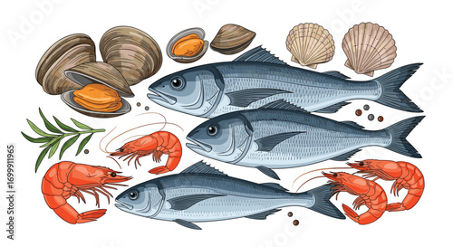 Assortment of fresh seafood including fish shrimp and shellfish ready for cooking