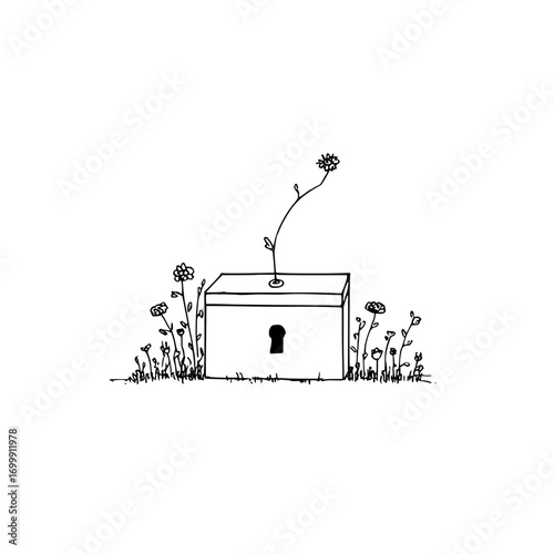 Drawing of a box with a keyhole and flowers growing around it in a simple black and white illustration