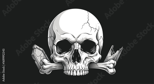 A starkly rendered human skull with two crossed bones against a dark background