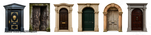 Architectural entrance door set including classical, ornate, weathered, and stone designs isolated. Building exterior elements.