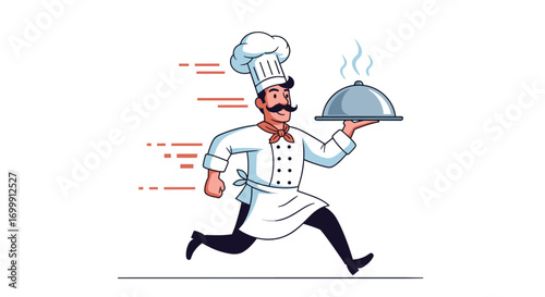 Professional chef running fast delivering hot food meal service