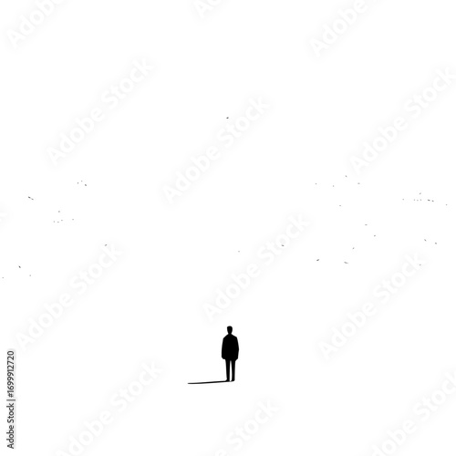 Minimalist silhouette man standing alone in vast white landscape simple art illustration loneliness and solitude concept