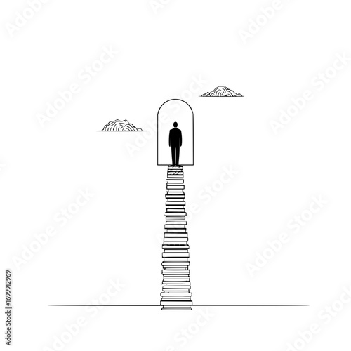 Man on book tower to archway minimal art success journey achievement dream stairway clouds illustration