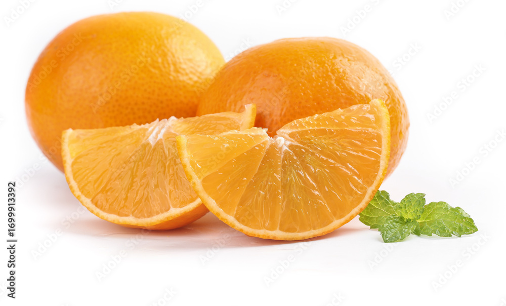 Fototapeta premium Freshly Picked Orange Slices with Mint on White Background - Ehime Citrus Fruit