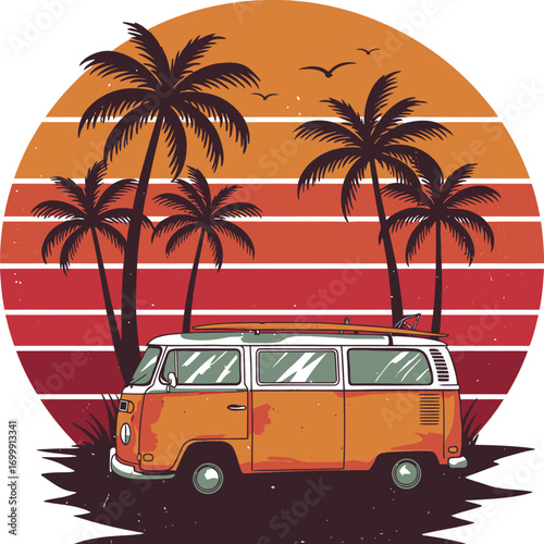 Orange vintage camper van parked by palm trees at sunset vintage van retro